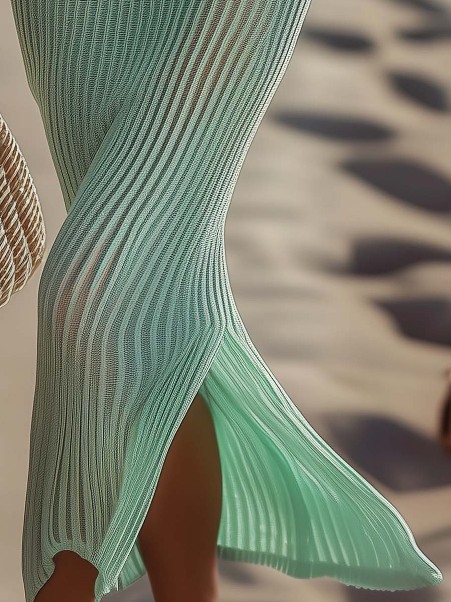 (clearance)V-Neck Suspenders Sleeveless Knitted Vacation Midi Dress