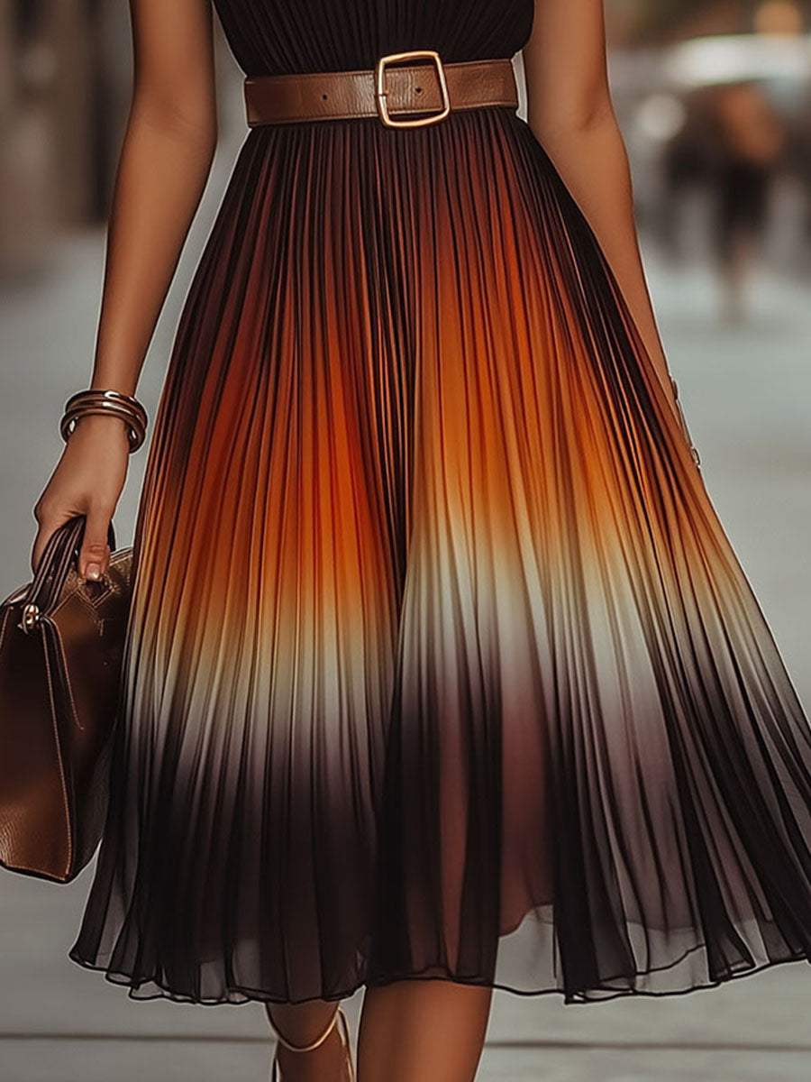 (clearance)Sunset Pleated Ombre Halter Midi Dress