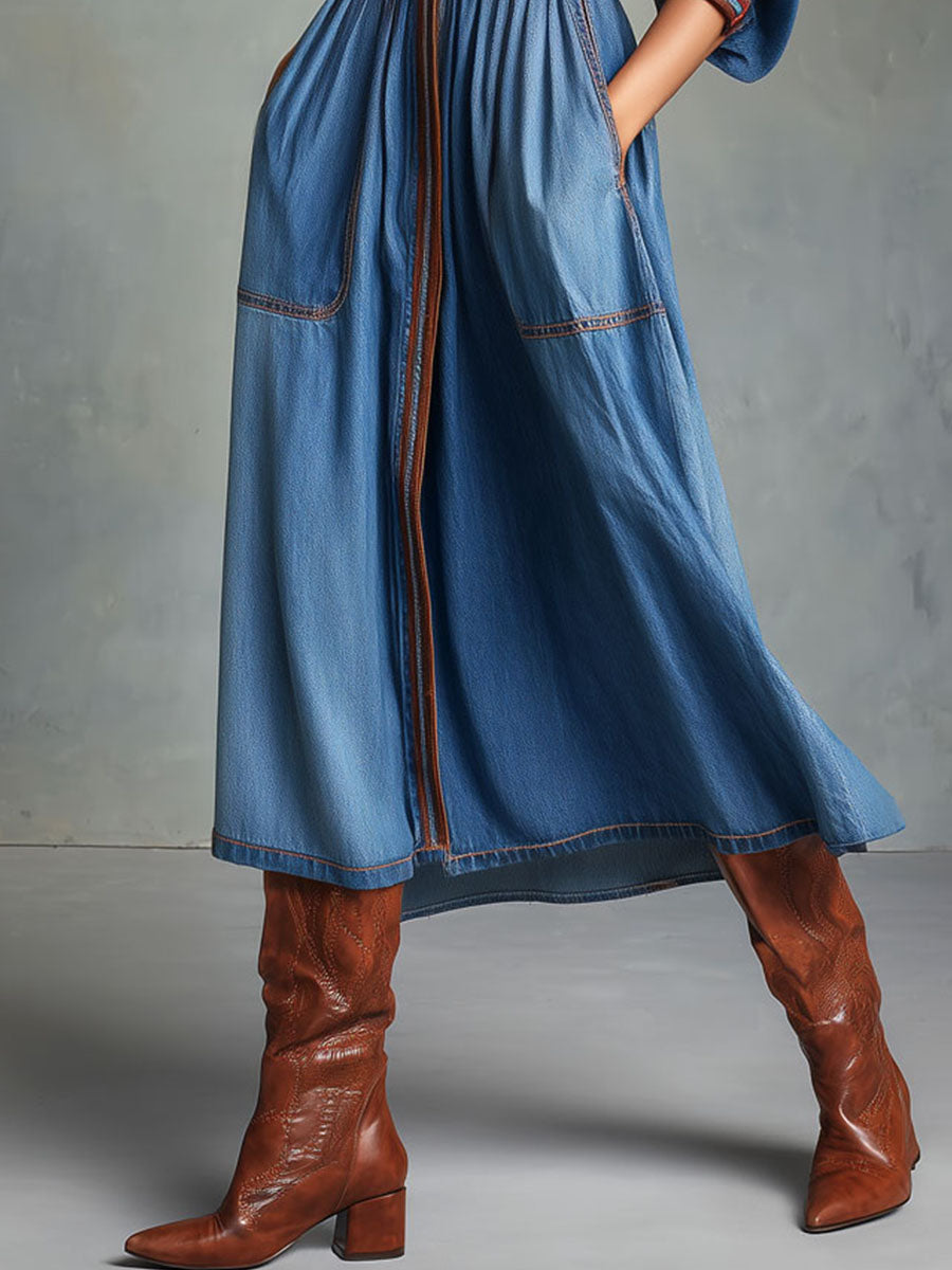 Belted Utility Denim Midi Shirt Dress With Contrast Stitching