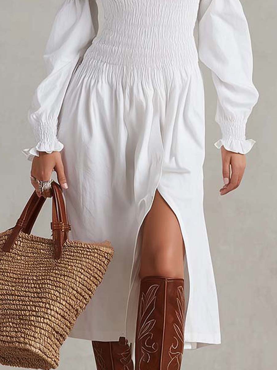 Off-Shoulder Shirred Midi Dress