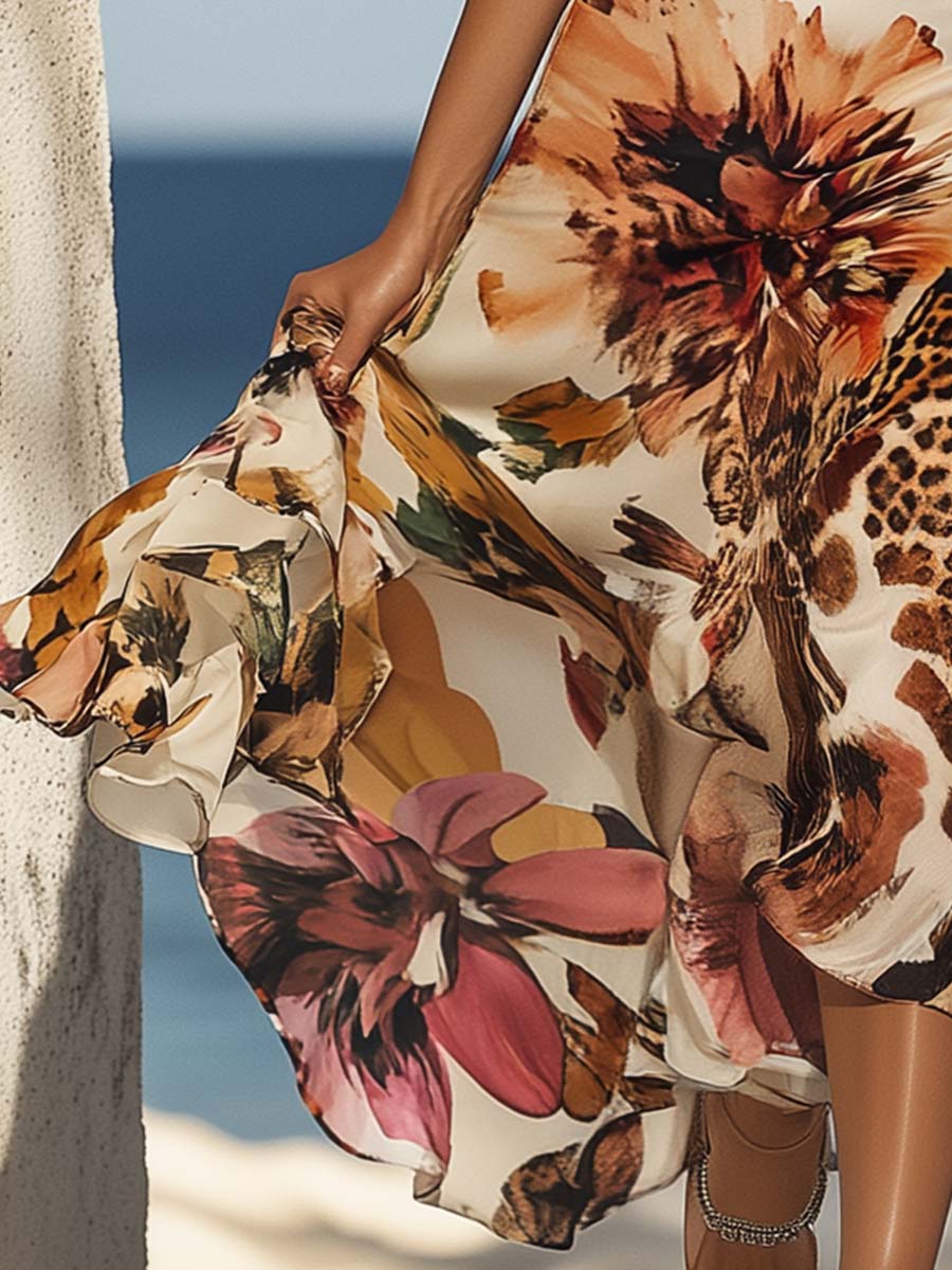 (clearance)Halter Neck Leopard and Floral Print Midi Dress