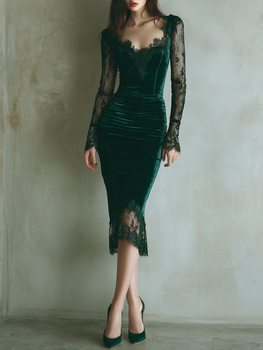 Elegant Green Velvet Long Sleeve Lace Midi Dress