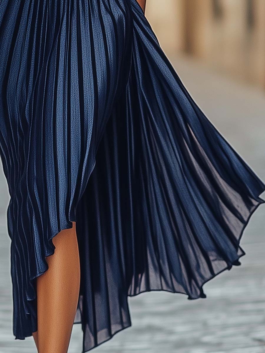 (clearance)Elegant one-shoulder dark blue pleated dress