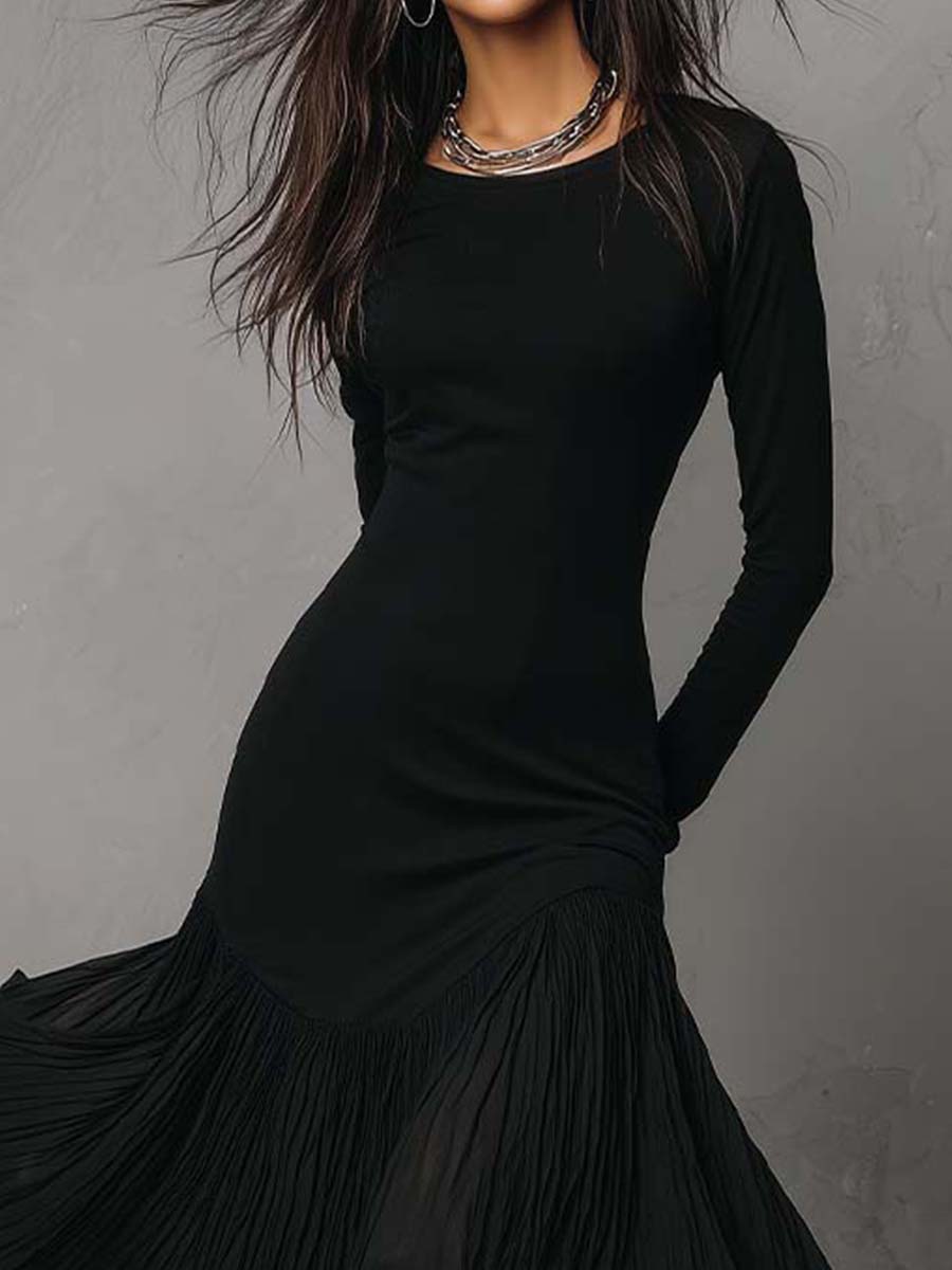 Black Pleated Hem Maxi Dress