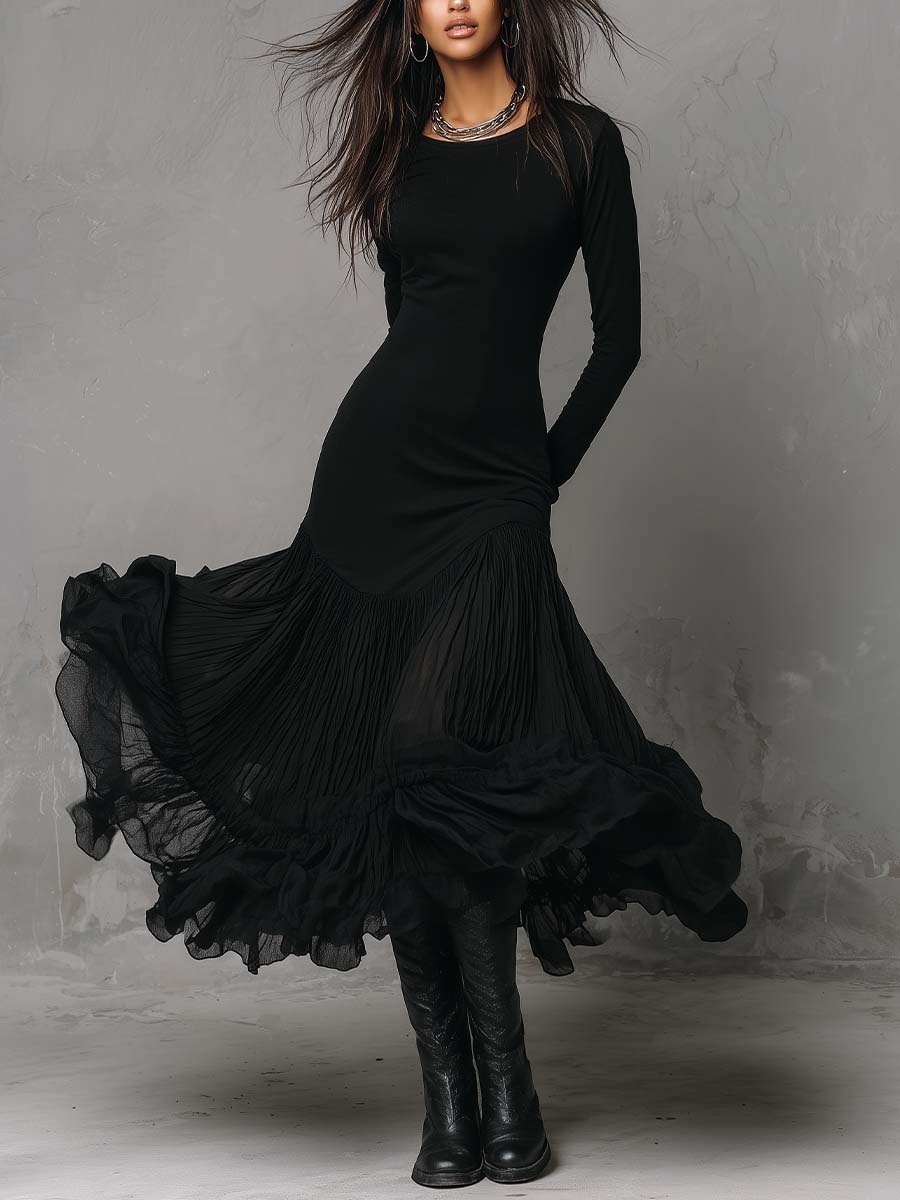 Black Pleated Hem Maxi Dress