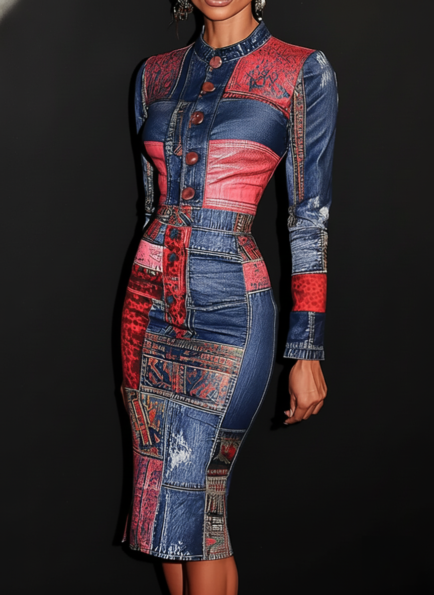 (clearance)Chic Patchwork Bodycon Midi Dress