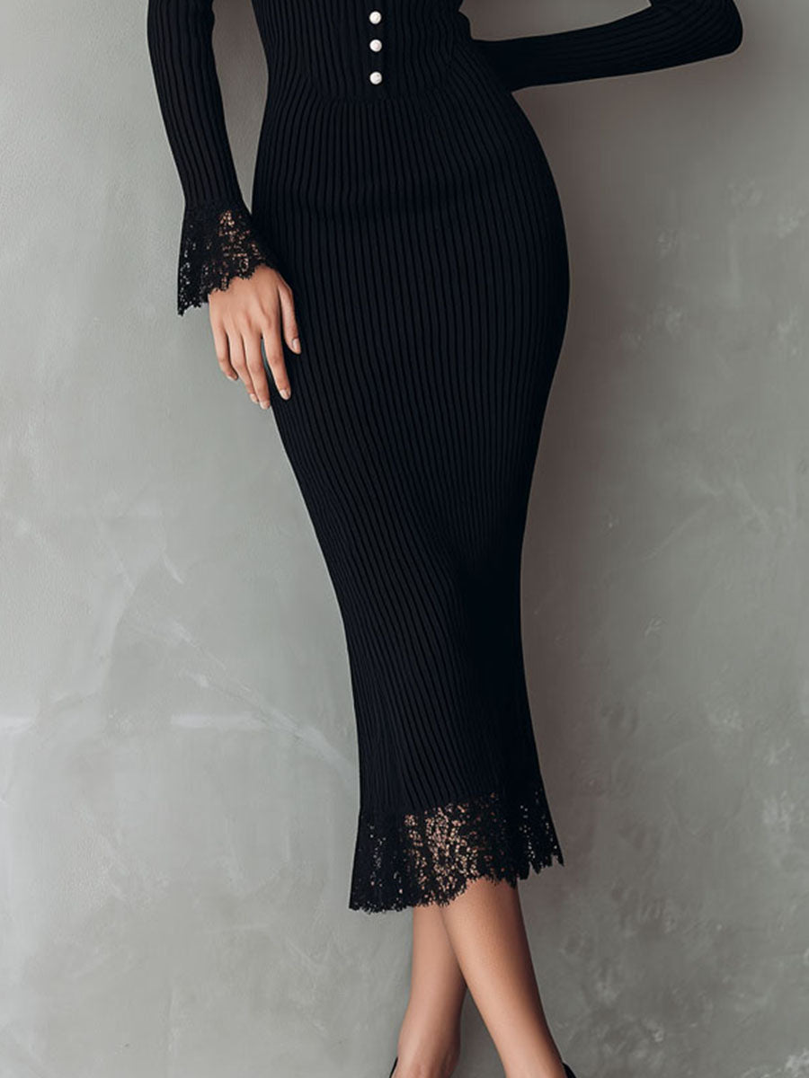 Elegant Pearl Button Black Ribbed Knit Midi Dress With Lace Trim