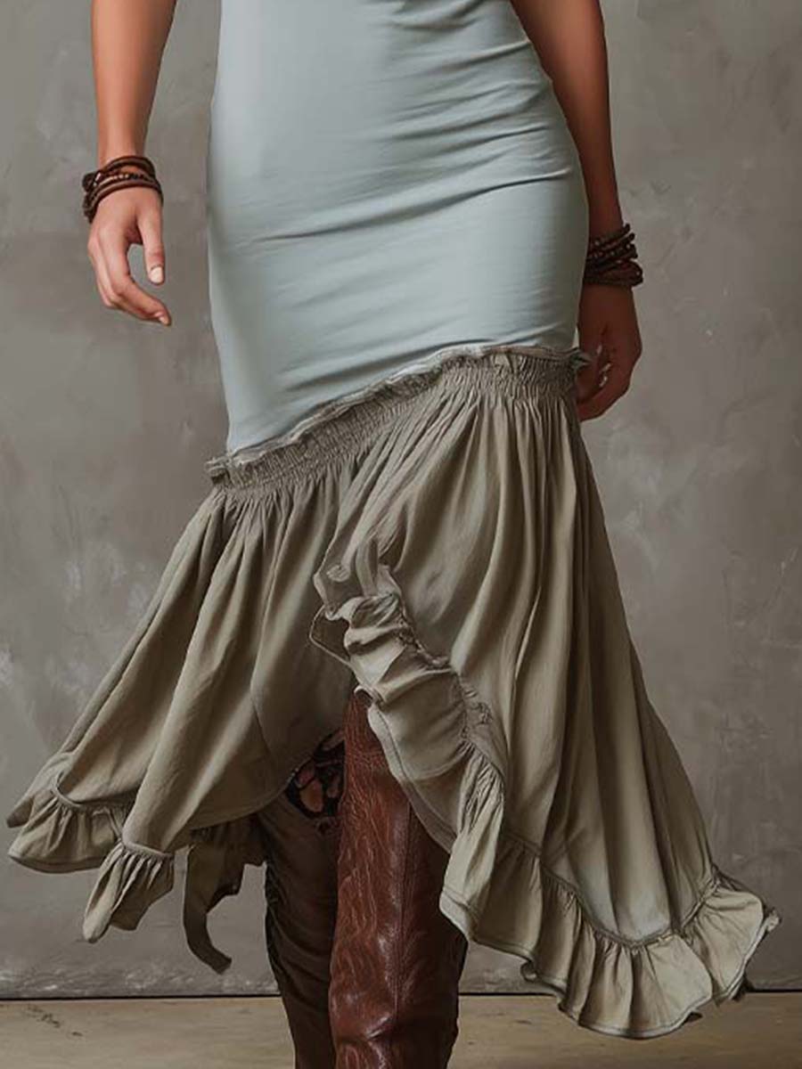 Boho With Printed Trim Neckline Mixed-Fabric Midi Dress