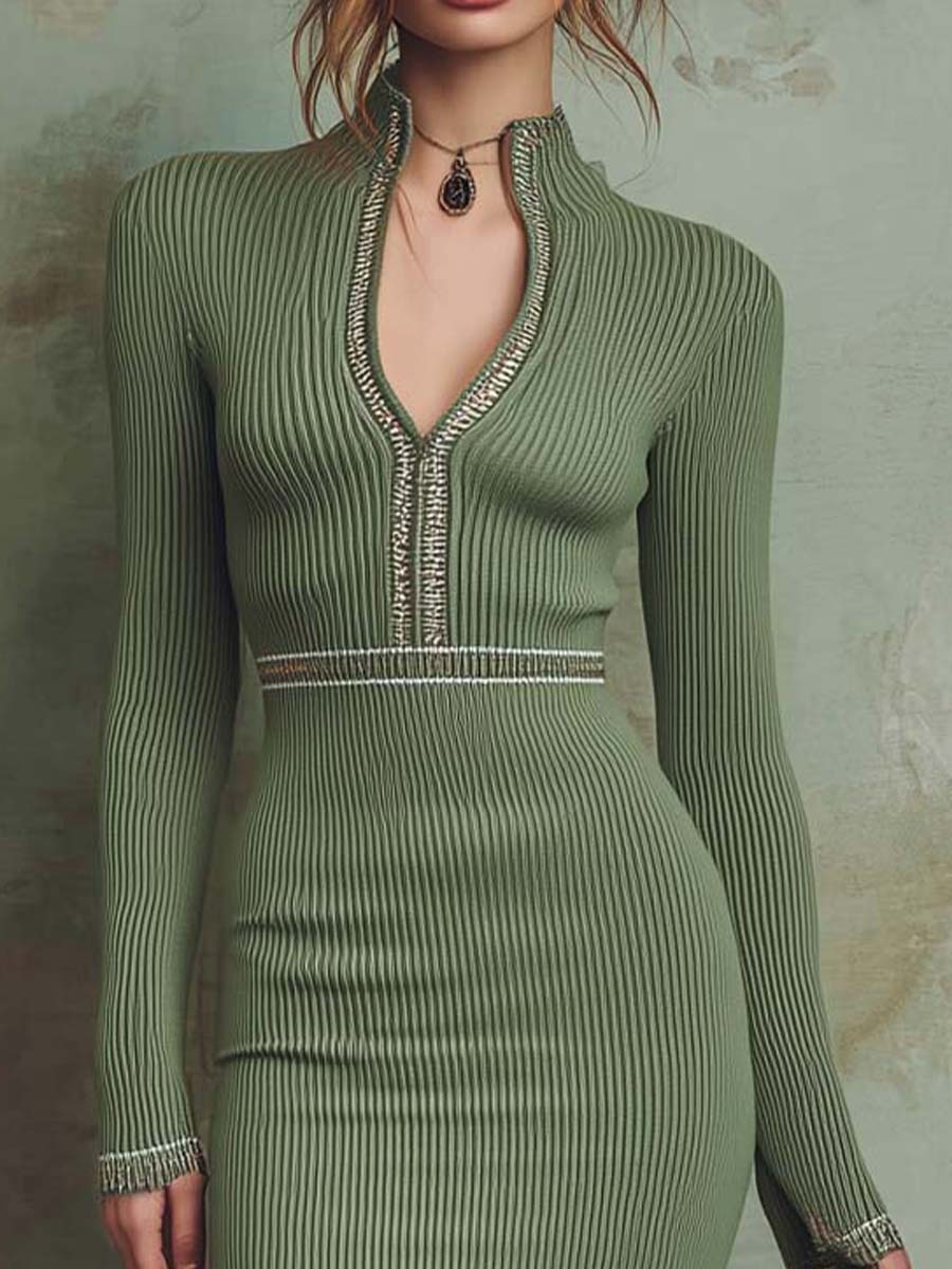 Embellished Ribbed Knit Bodycon Midi Dress