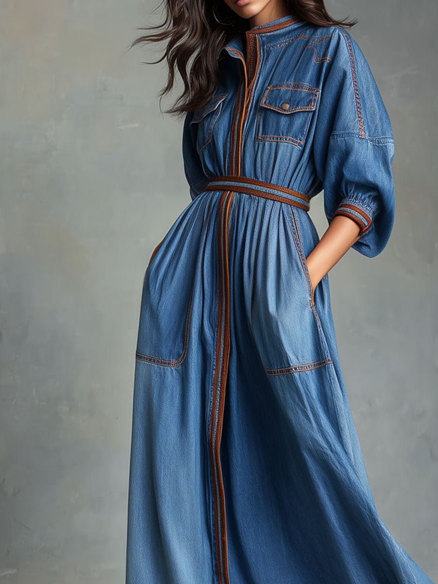 Belted Utility Denim Midi Shirt Dress With Contrast Stitching