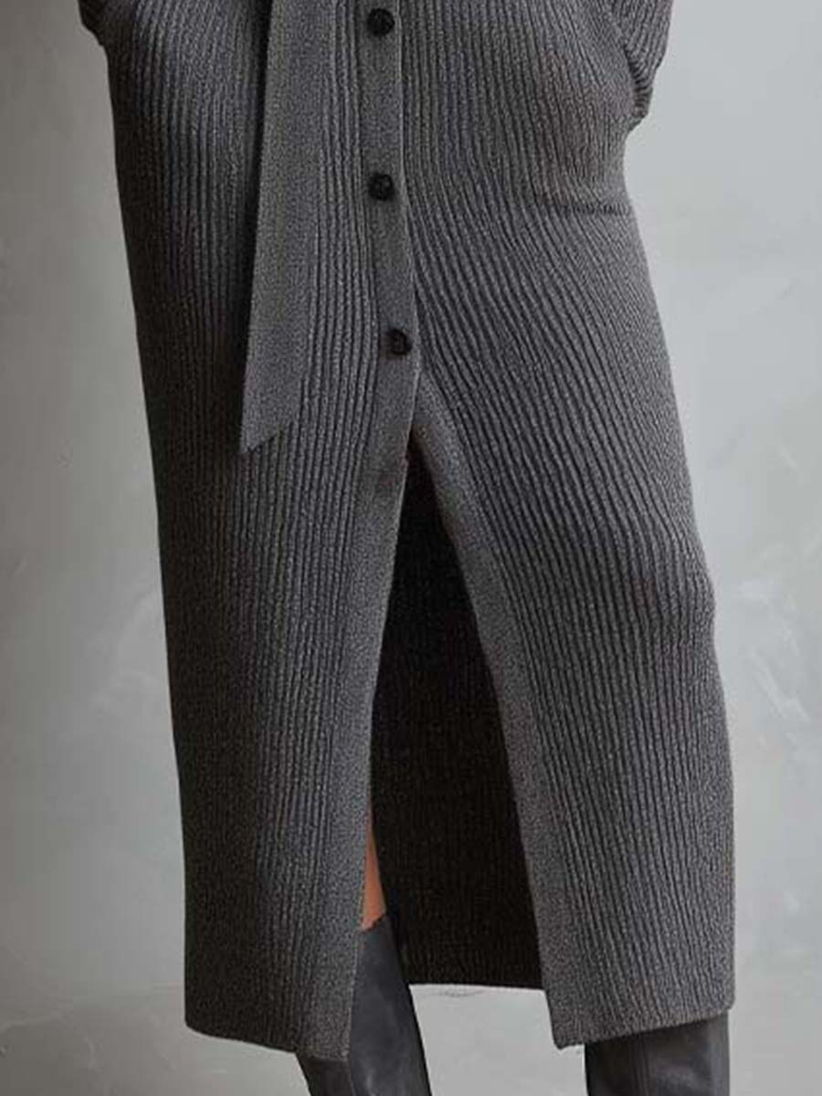 Ribbed Knit Belted Maxi Cardigan Dress With Shawl Collar