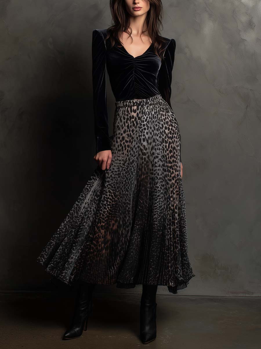 Velvet And Leopard Pleated Patchwork Midi Dress With Ruched Bodice