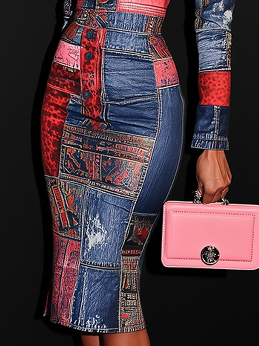 (clearance)Chic Patchwork Bodycon Midi Dress